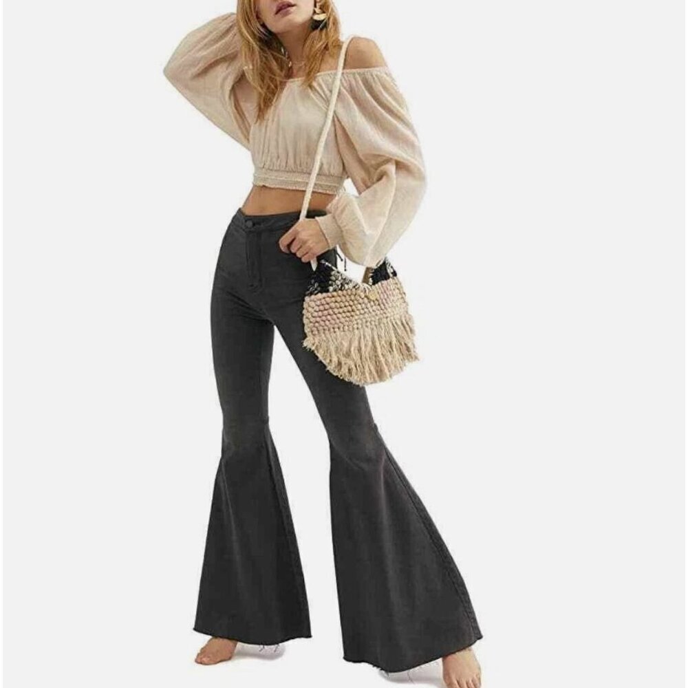 Free People We the Free Just Float On Flare Raw Hem Festival Black Size 26